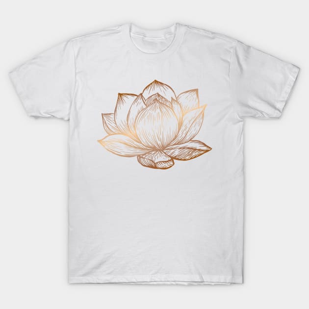 Golden Lotus Flower on White T-Shirt by Cecilia Mok